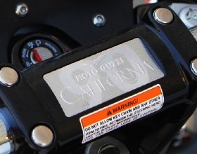 Moto Guzzi California 90 nameplate on handlebar clamp