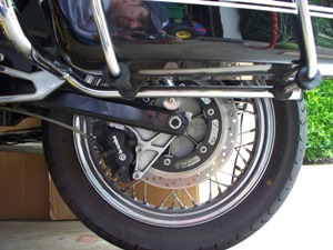 Moto Guzzi California left muffler removed to access rear wheel